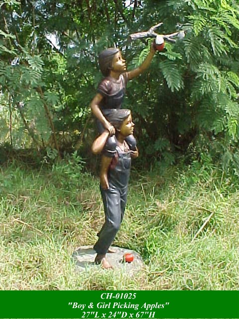 Bronze Young Boy and Girl Picking Apples